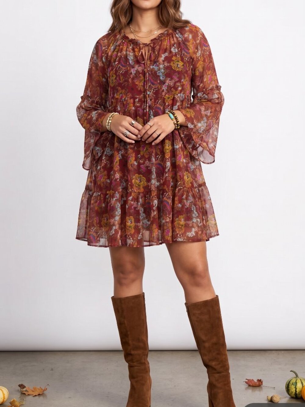 Johnny Was Jaded Silk Tiered Babydoll Tunic Dress Rust Floral Paisley Small